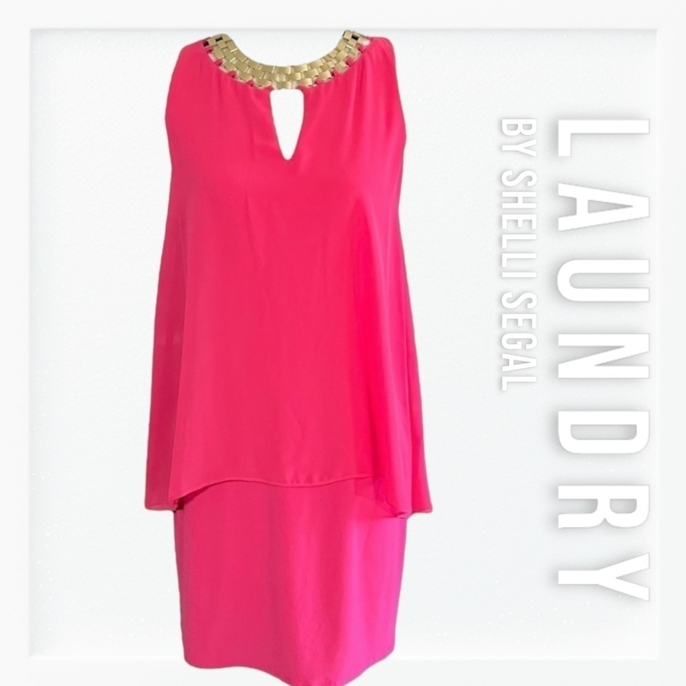 Laundry by Shelli Hot Pink Gold Accent Sheath Dress with Chiffon Overlay sz 8